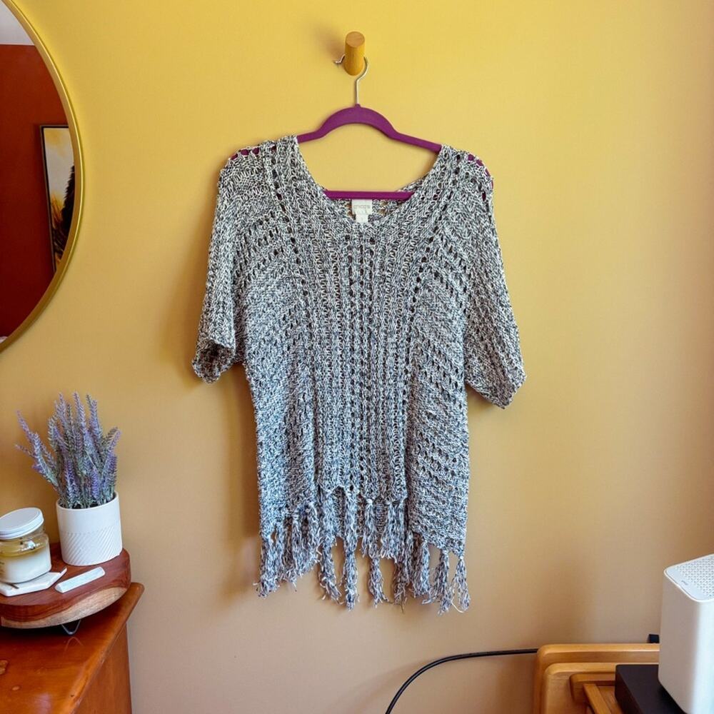 Chicos Open Knit Fringed Poncho Sweater Blue White Size 1